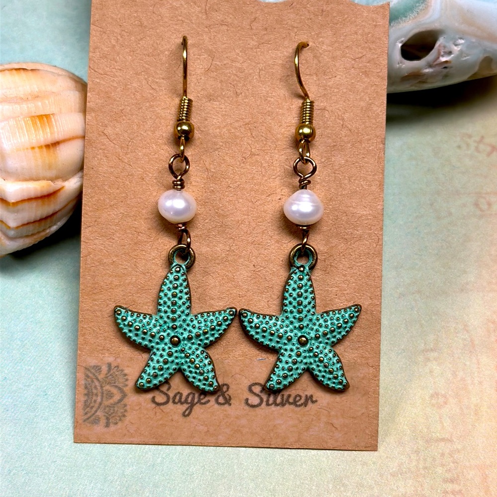 NEW Starfish earrings freshwater pearls mermaids handmade unique